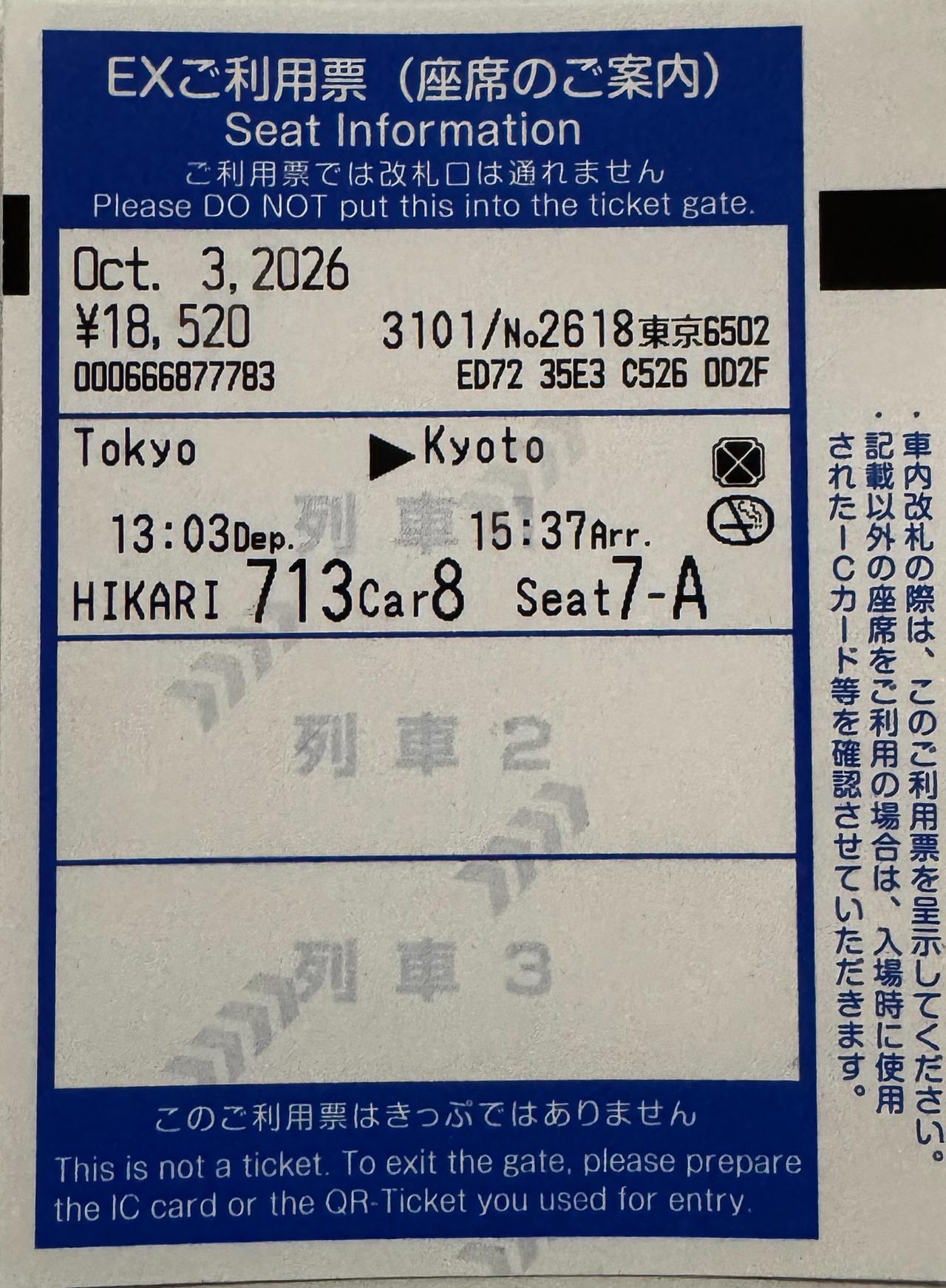 Shinkansen ticket. Tokyo to Kyoto